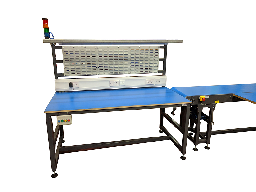 Workstation Andon lights, adjustable height belt conveyor, Height adjustable workbench
