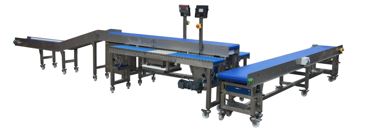 height adjustable workbenches integrated with adjustable height conveyors and weighing systems