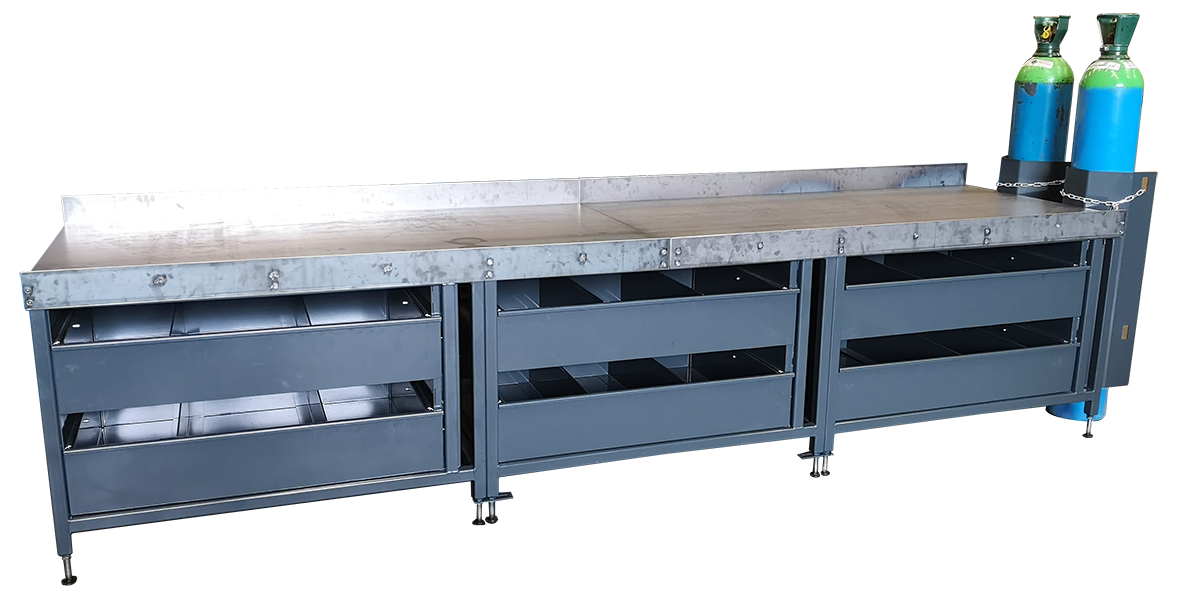bespoke heavy duty workshop workbench with gas bottle storage