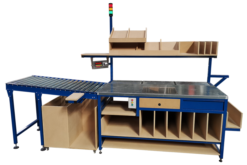 Bespoke packing bench with scales and andon signal lights