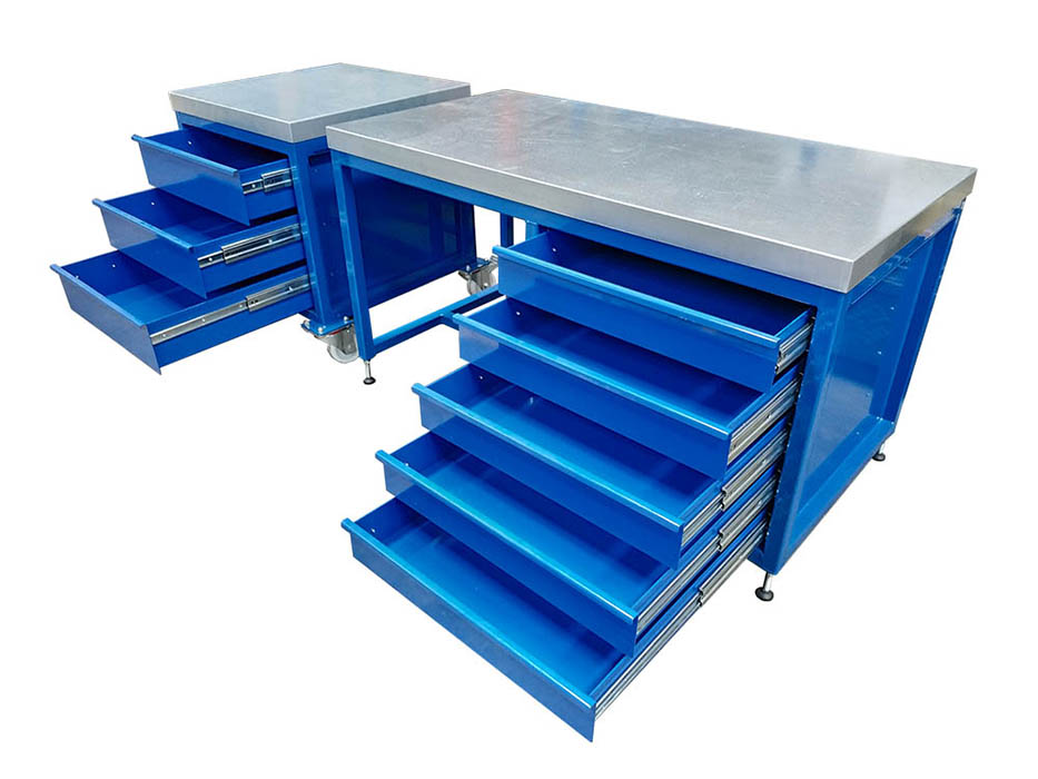 steel top workbench with drawers