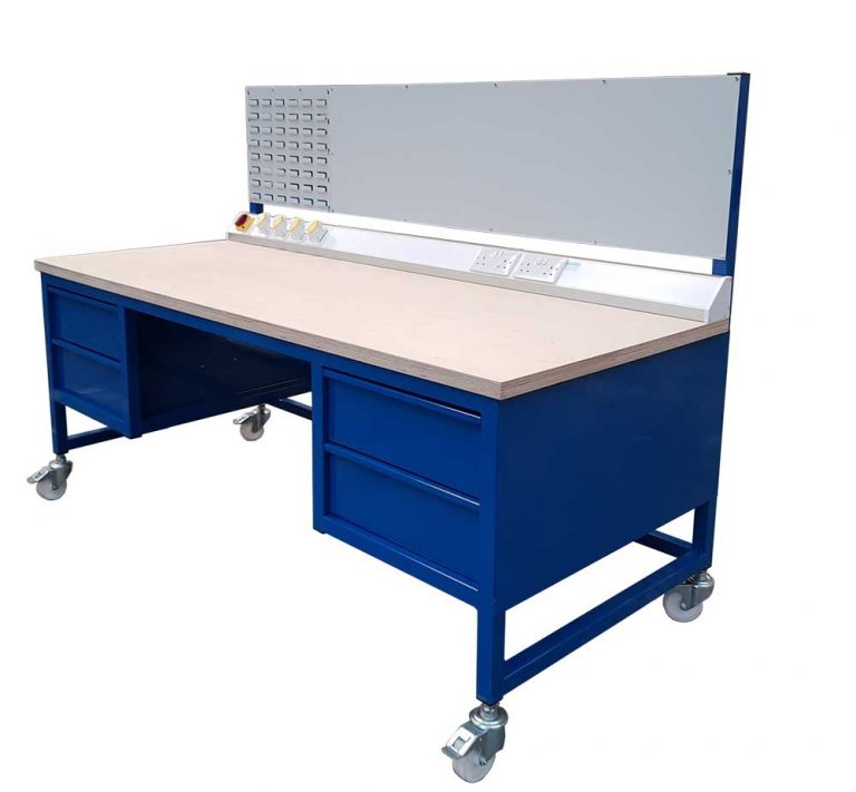 Workbench with sockets for power tools manufacturer