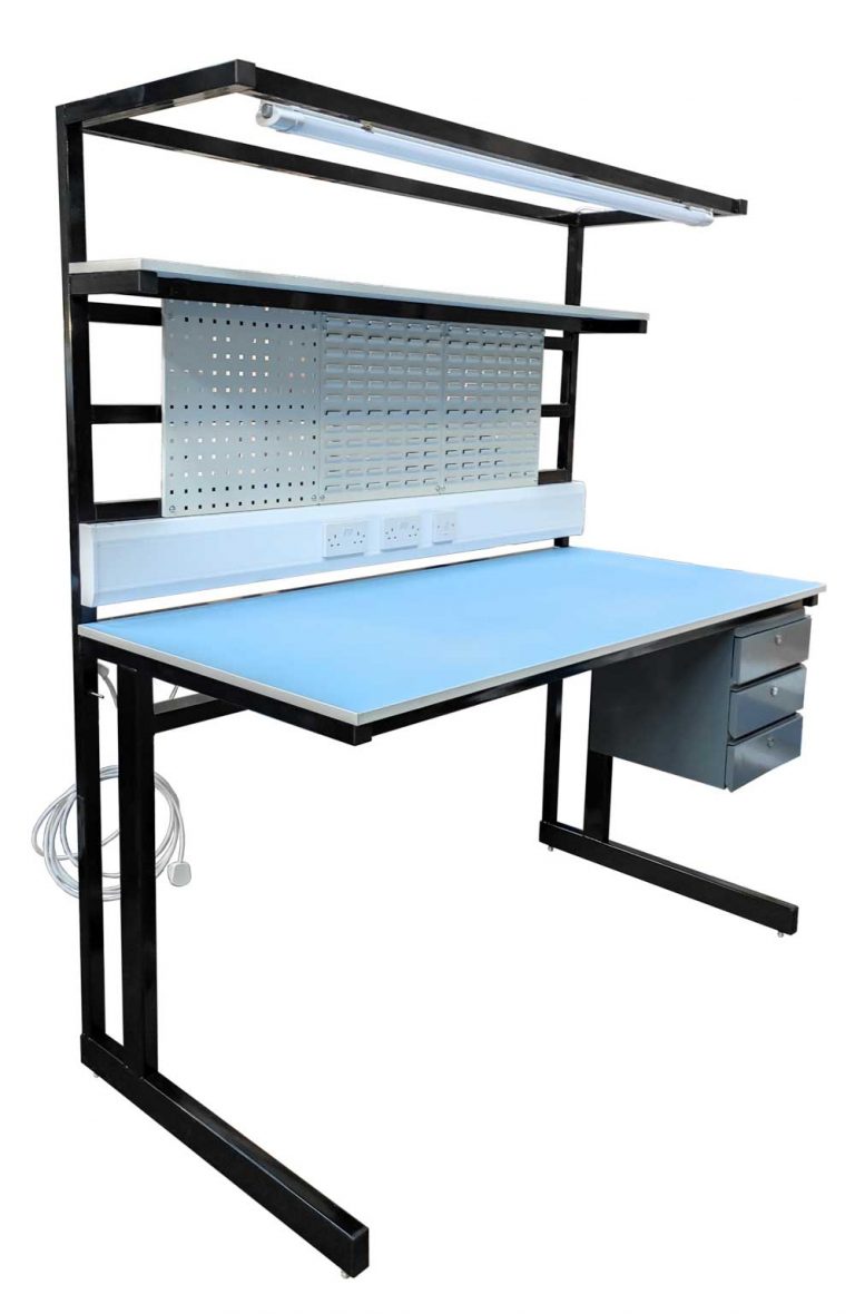 ESD cantilever workbench with drawers and pegboard