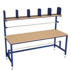 Packing table with upper shelf, dividers, and roll holders