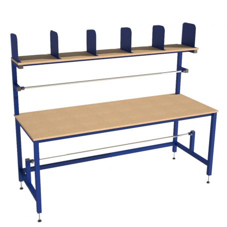 Packing table with upper shelf, dividers, and roll holders
