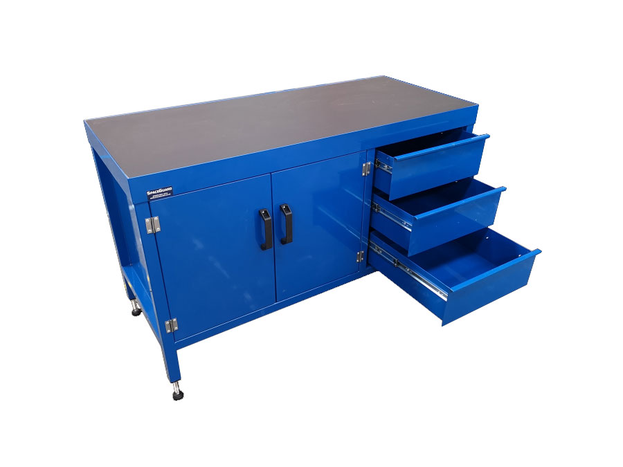 heavy duty workbench with drawers and cupboards