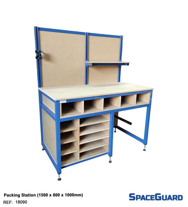 packing station with storage and shelves