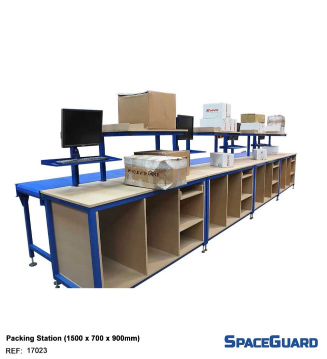 large packing station with monitor fixtures